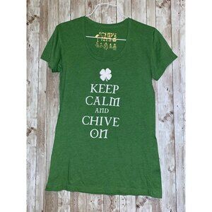 Women's Green Keep Calm and Chive On T-Shirt Tee Size Medium Shamrock